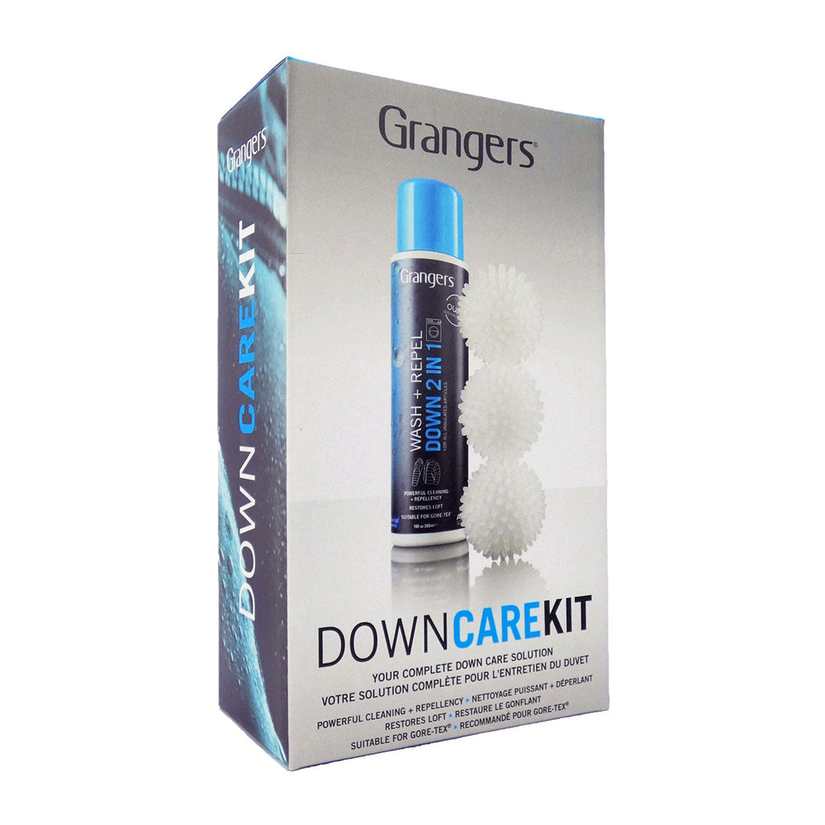 Grangers Down Care Kit in a white box, featuring a dark blue 'Wash + Repel' bottle with a light blue cap and three white spiky dryer balls.