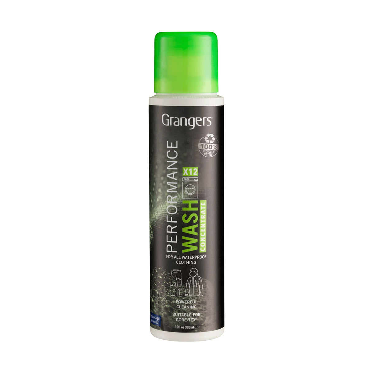 Grangers Performance Wash Concentrate in a dark grey 300ml bottle with a bright green cap, for waterproof and Gore-Tex clothing, made from 100% recycled plastic.
