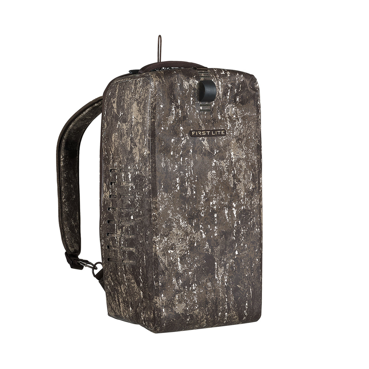 A First Lite mottled dark camouflage backpack with a single shoulder strap, top handle, and side ventilation slots.