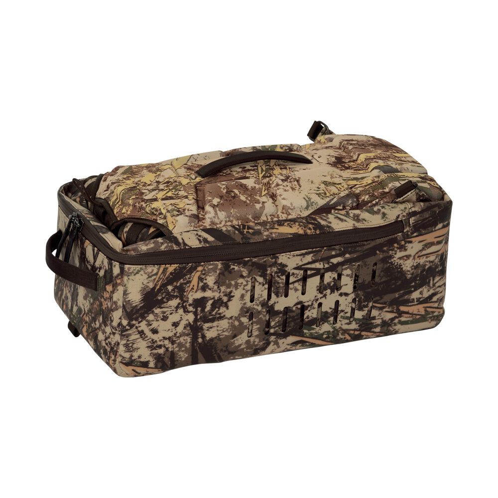 Camouflage gear bag with a padded lid, brown handles, and perforated side vents.