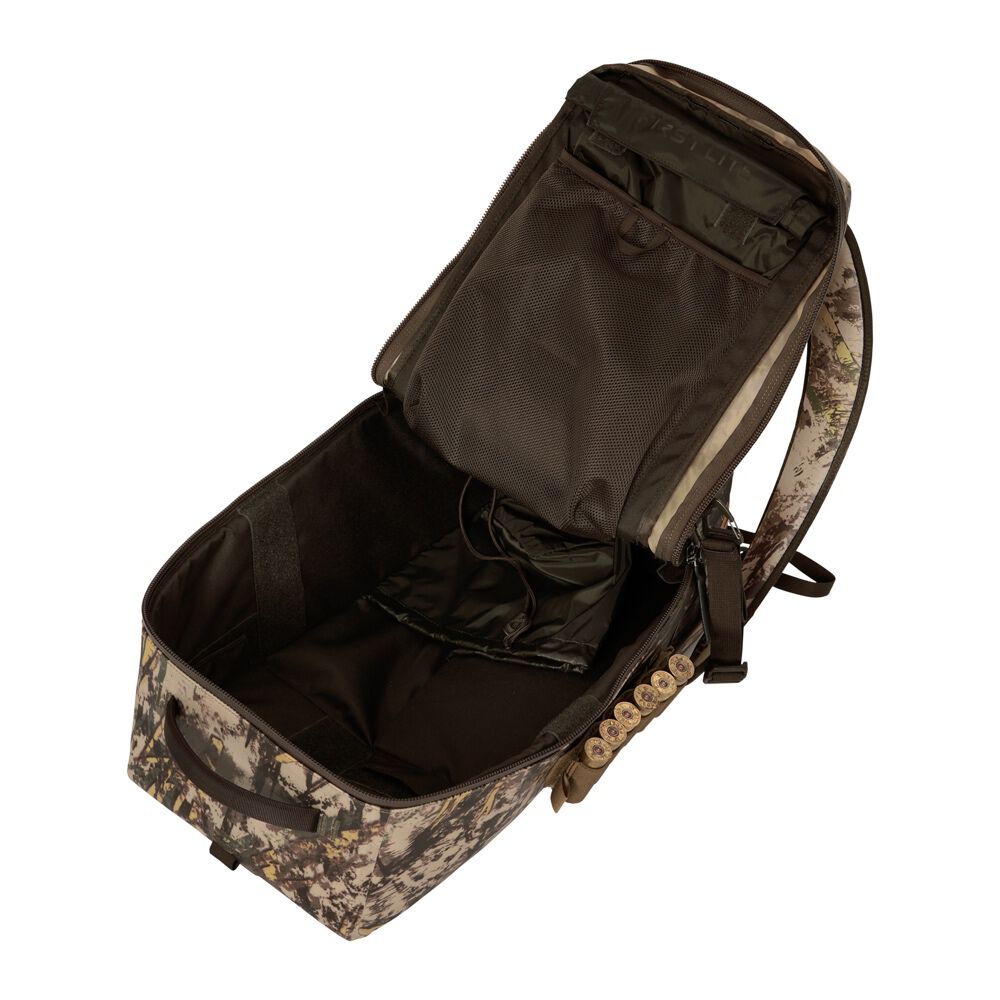 Camouflage hunting backpack with its main compartment open, showing interior pockets and 6 shotgun shells stored on the side.