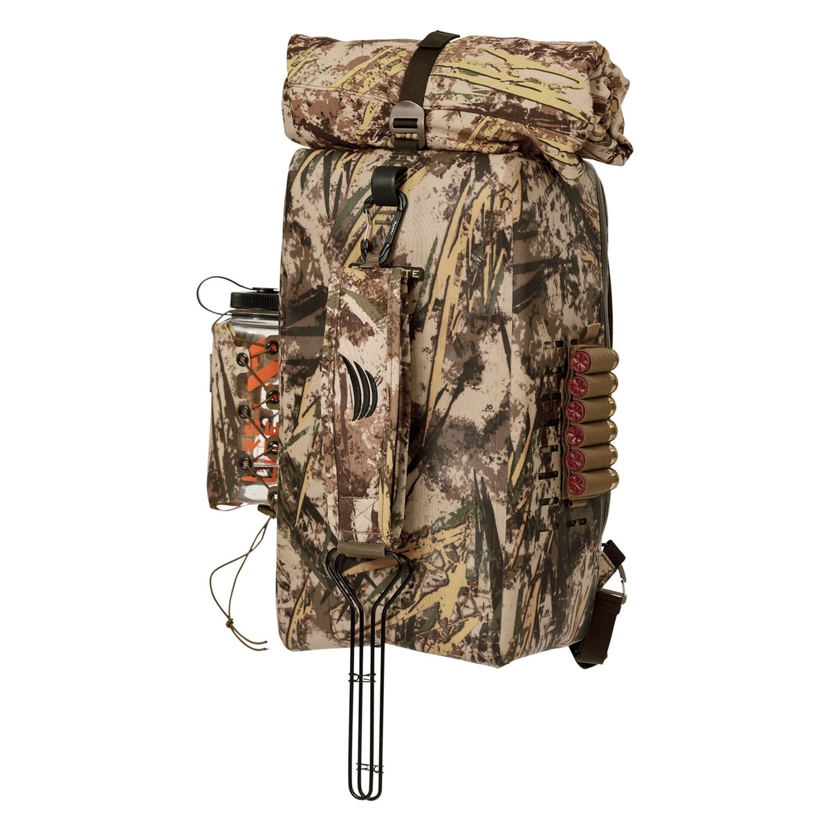 A camouflage roll-top hunting backpack with a water bottle, side shotgun shell holder with six red shells, and a metal bottom handle.