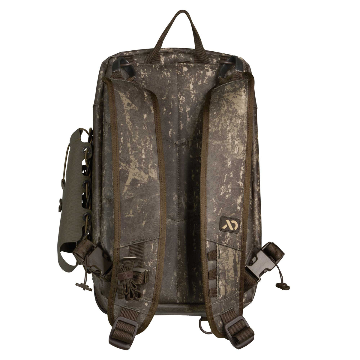 Rear view of a dark camouflage backpack with padded shoulder straps, top carry handle, side lacing system, and lower buckles.