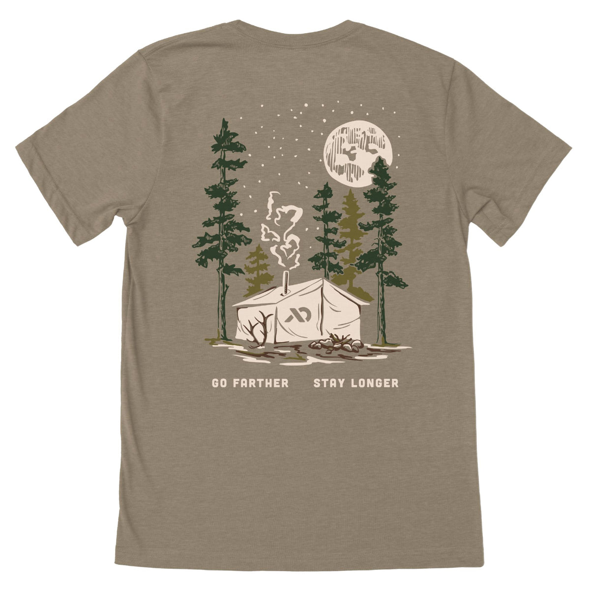 Light brown T-Shirt with a beige camping tent, green trees to the sides and a moon with stars on top and text "GO FARTHER STAY LONGER" below