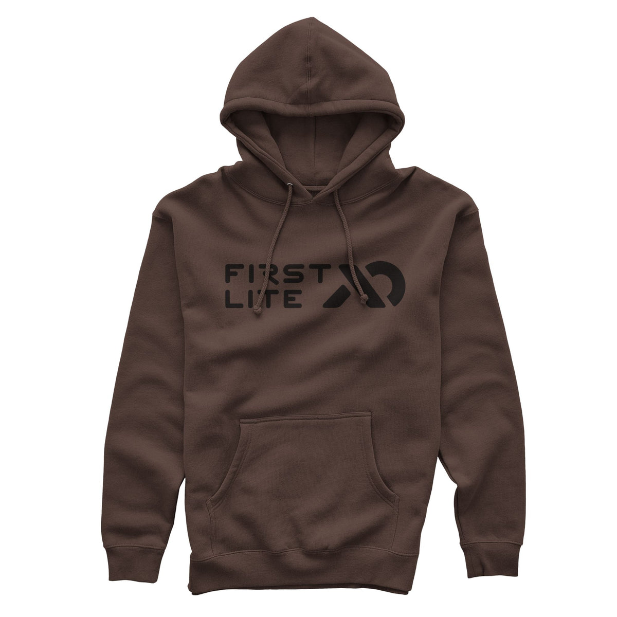 Brown hoodie with black "FIRST LITE" logo, drawstrings, and a front pouch pocket.