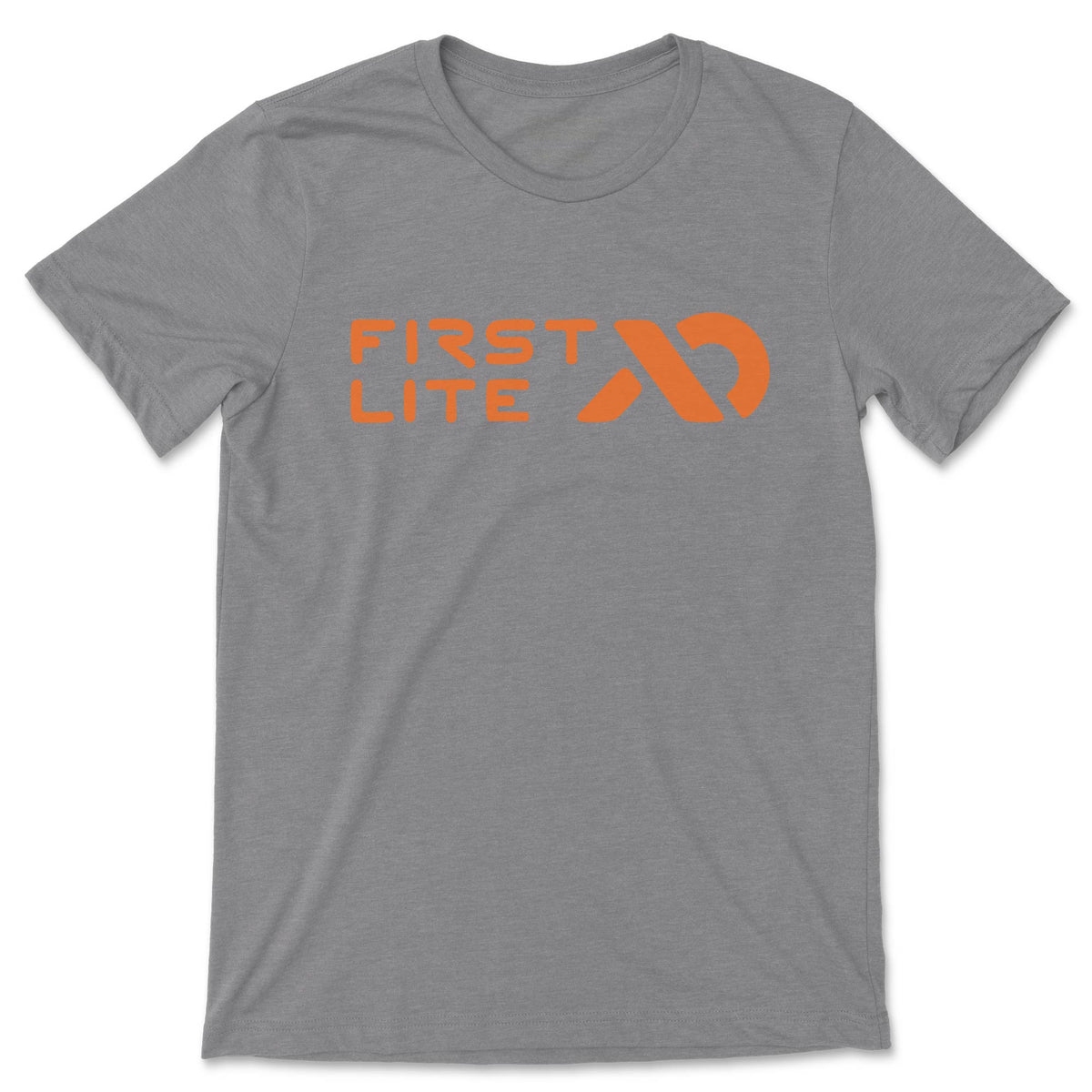 Heather grey t-shirt with orange FIRST LITE text and stylized logo.