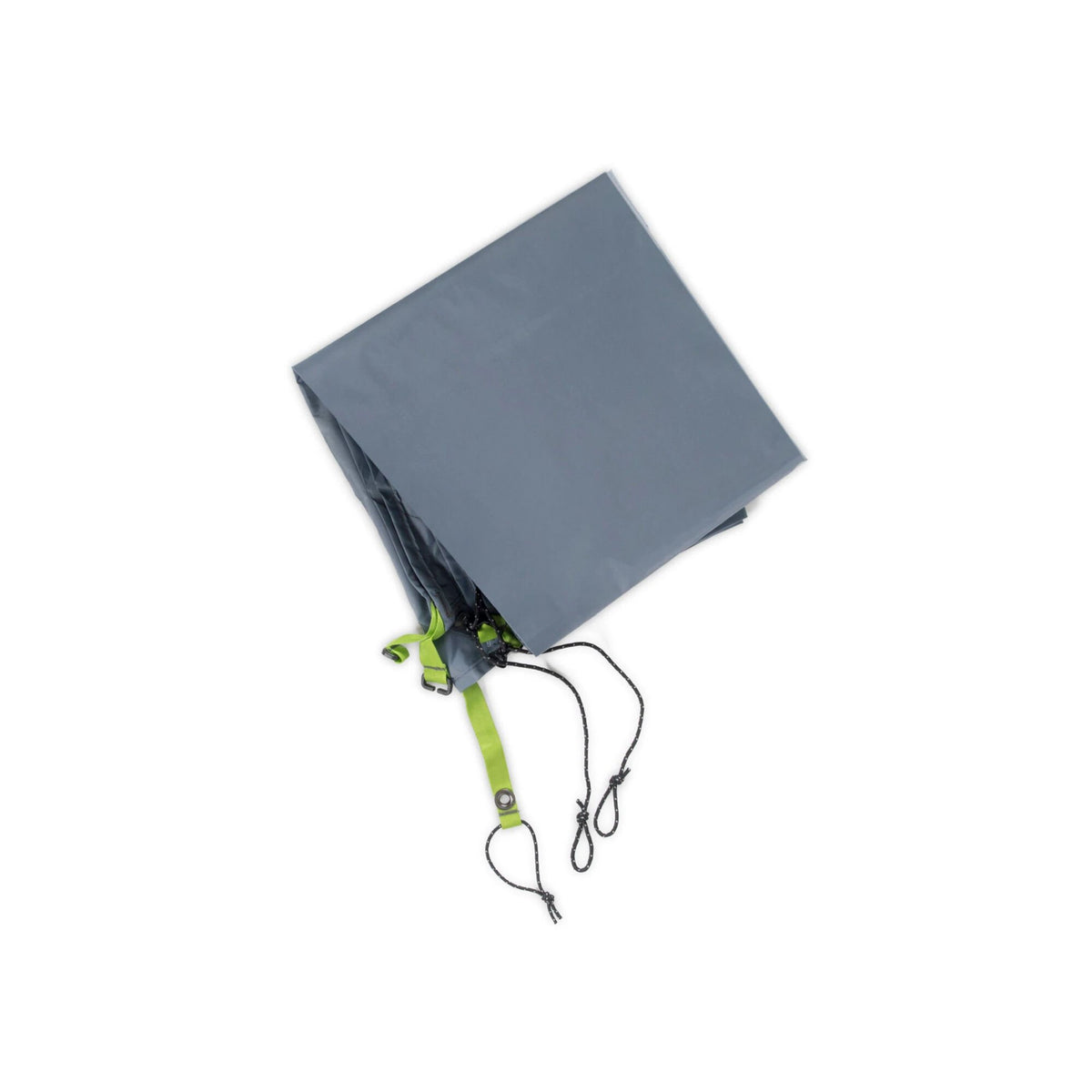 Folded slate gray tent footprint with bright green webbing and black cords.