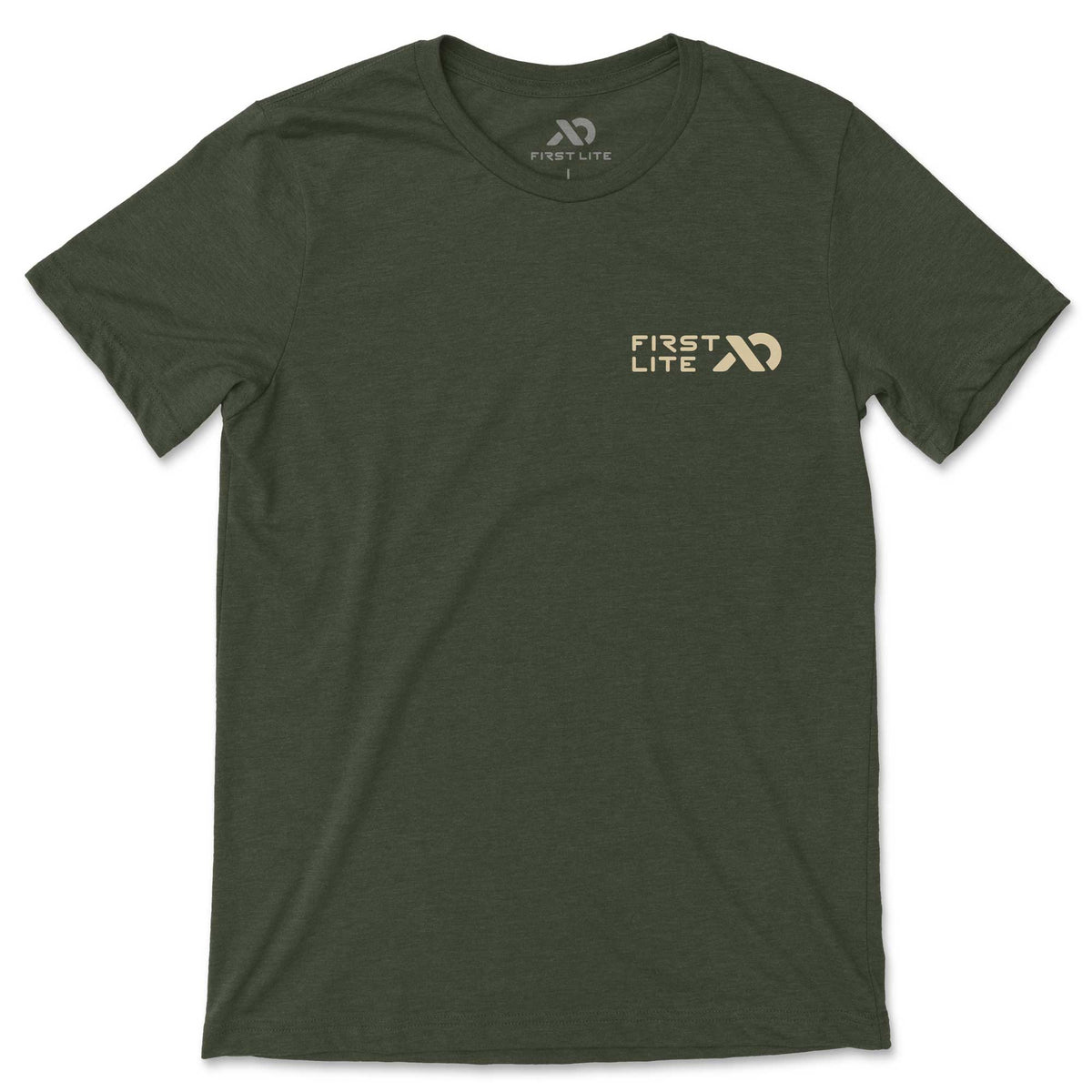 Dark olive green t-shirt featuring a tan "FIRST LITE" logo on the left chest.