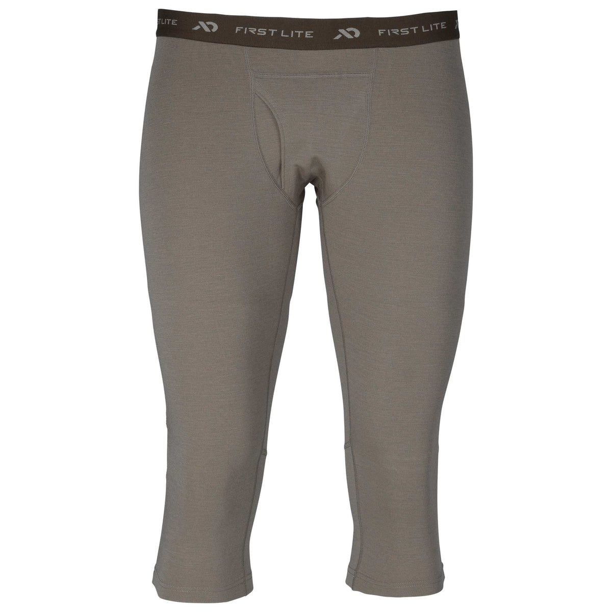 Men's grayish-brown 3/4 length base layer pants with a dark elastic First Lite logo waistband and a fly.