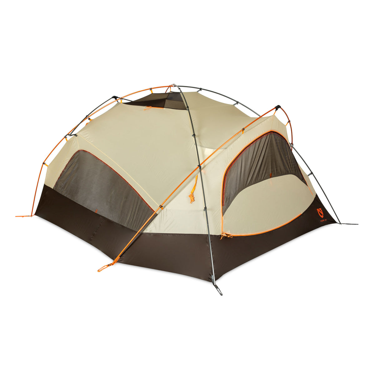 Tan and dark brown camping tent with orange poles and mesh panels.