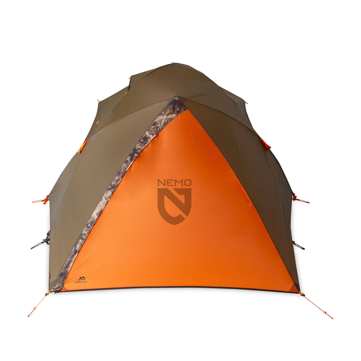 Olive green NEMO tent with a prominent orange front panel and camouflage pattern accents.