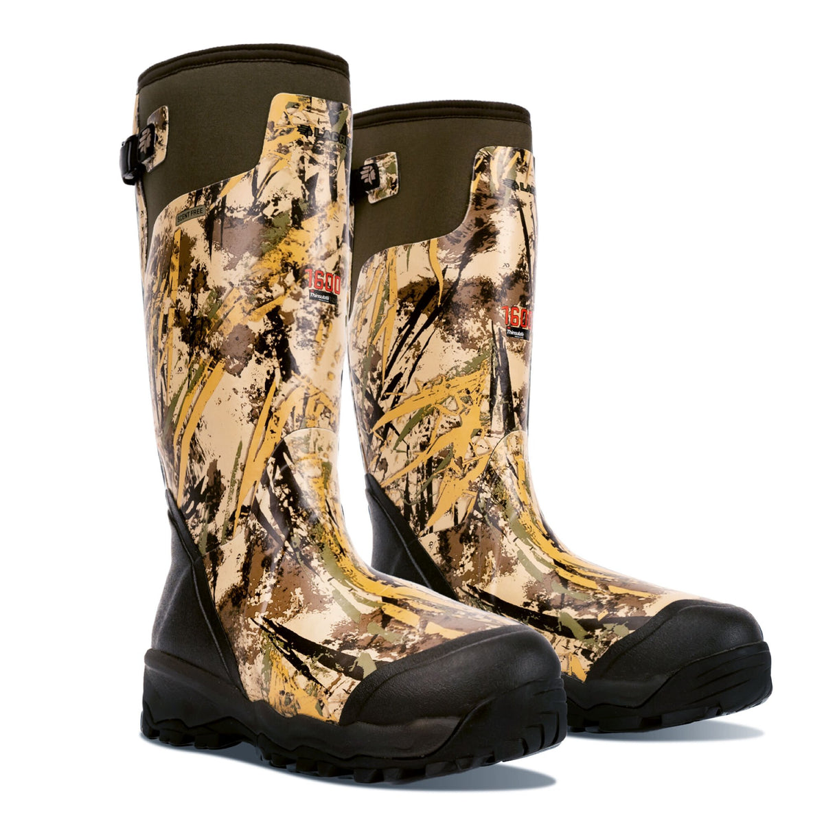 Two tall camouflage hunting boots with dark olive green cuffs, black soles, an adjustable buckle, and "1600 Thinsulate" branding.