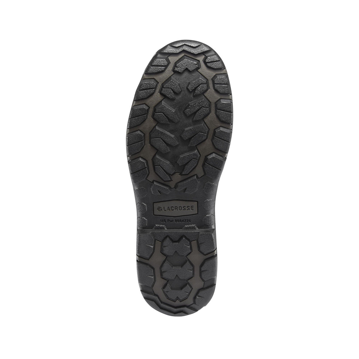 Black and dark gray LaCrosse boot sole, viewed from below, features an aggressive multi-directional tread pattern and 'US Pat 8984776'.