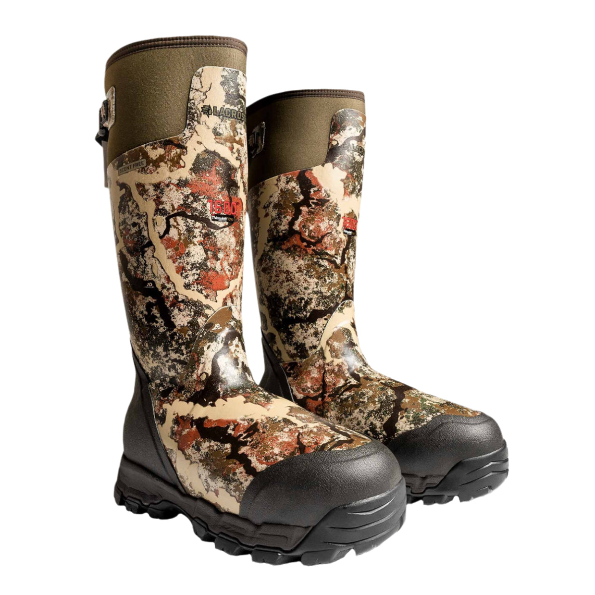 Pair of tall multi-color camouflage rubber hunting boots with olive green tops, adjustable buckle, black rugged soles, and 1600 Thinsulate branding.