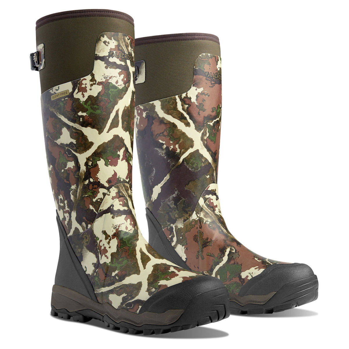 A pair of tall waterproof hunting boots with a brown, green, and cream camouflage pattern, dark soles, and a prominent "Scent Free" label.
