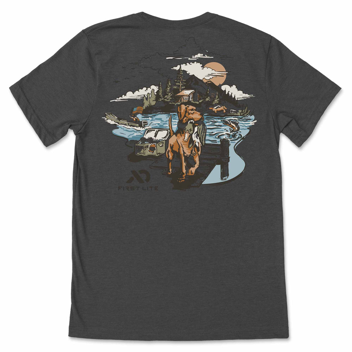 Heather grey t-shirt featuring a back graphic of a retriever holding a duck on a dock in a mountainous lake scene, with First Lite branding below.