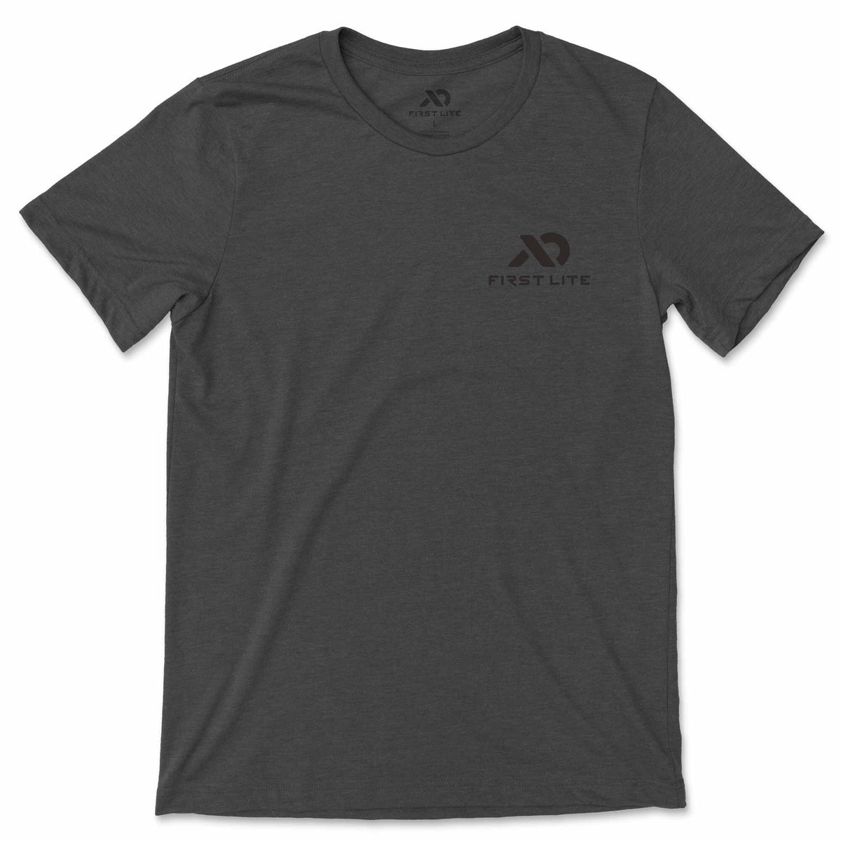 Dark grey heathered t-shirt with a round neck, short sleeves, and a subtle dark grey First Lite logo on the left chest, with a size L label visible inside the neck.