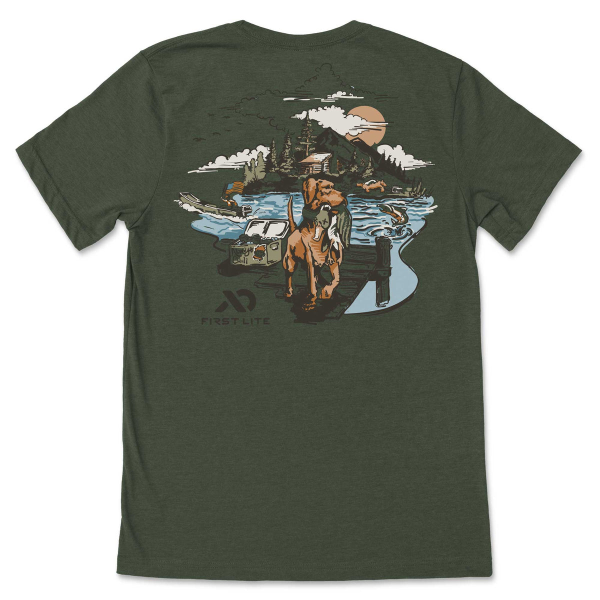 Dark green t-shirt with a back graphic of a retriever dog carrying a bird from a lake, set against a wilderness scene with a cabin and the First Lite logo.