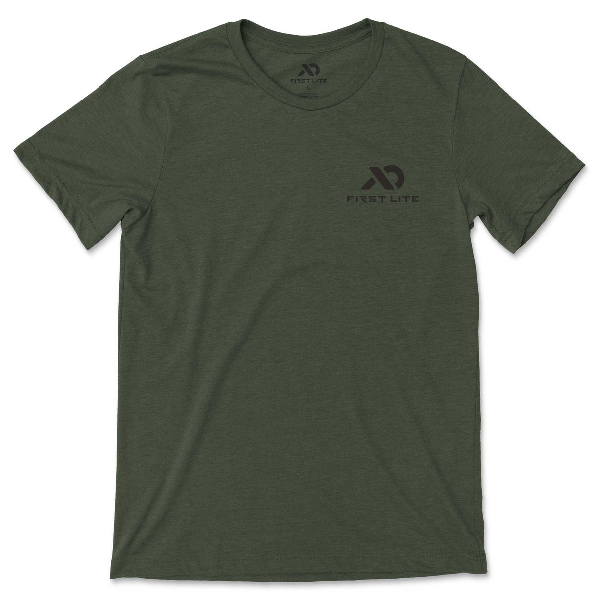 Dark olive green t-shirt with a tonal First Lite logo on the left chest and neck tag.
