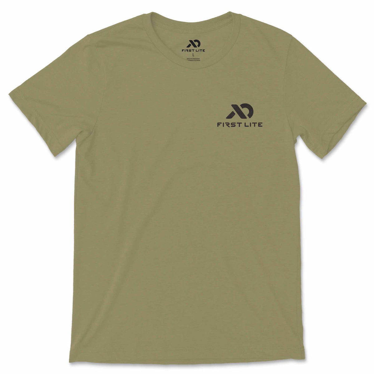 Olive green t-shirt featuring a black First Lite logo and icon on the left chest.