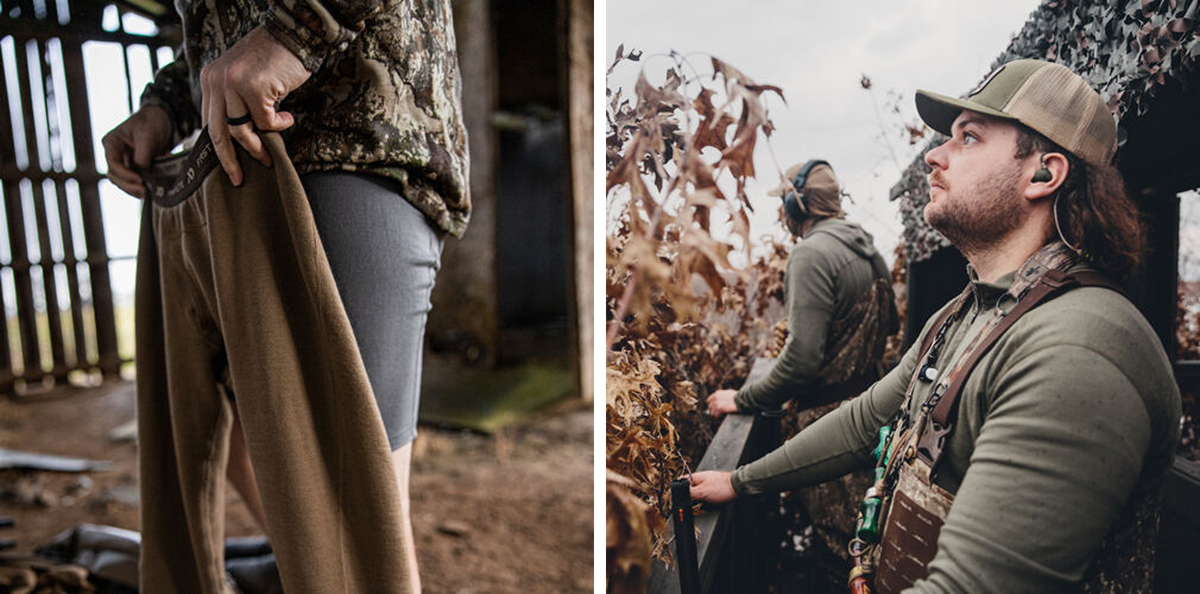 Brown First Lite thermal long underwear put on, beside a hunter in a camouflage blind.