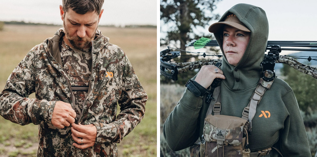 Camo zippered hoodie and green snap-neck hooded sweatshirt with orange logos.