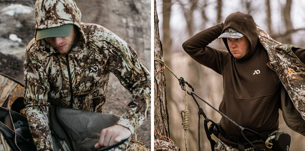Two hunters wear hooded tops with logo: one camo zip-up, one brown pullover.