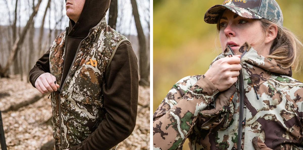 Brown and green camouflage hunting vest and jacket, with visible zippers, worn by two people.