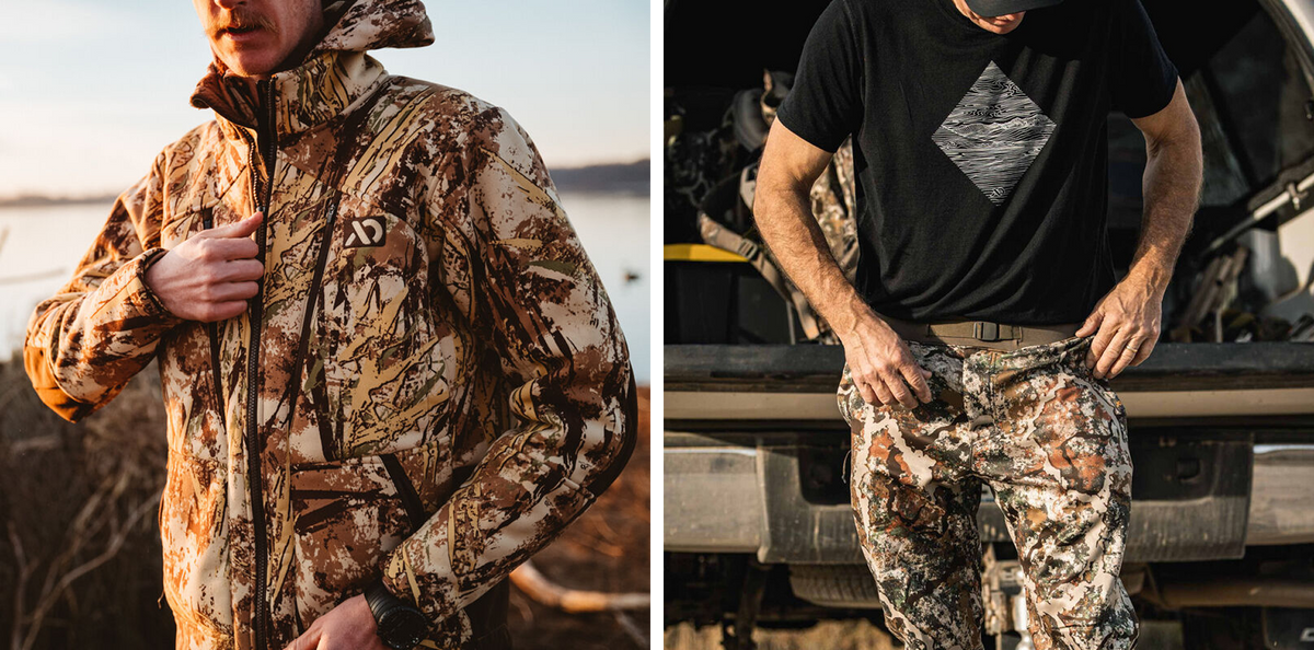 Hooded brown/green camo zippered jacket with logo and matching pants.