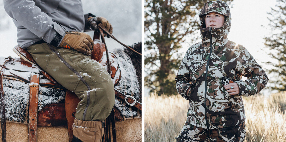 Olive green pants with zippered thigh pockets and a hooded camouflage outdoor jacket.