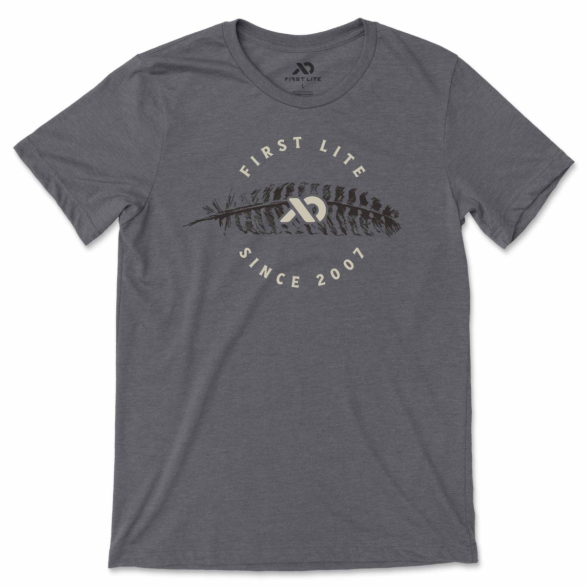 Dark grey heather t-shirt featuring a "FIRST LITE" and "SINCE 2007" graphic with a feather design on the front.