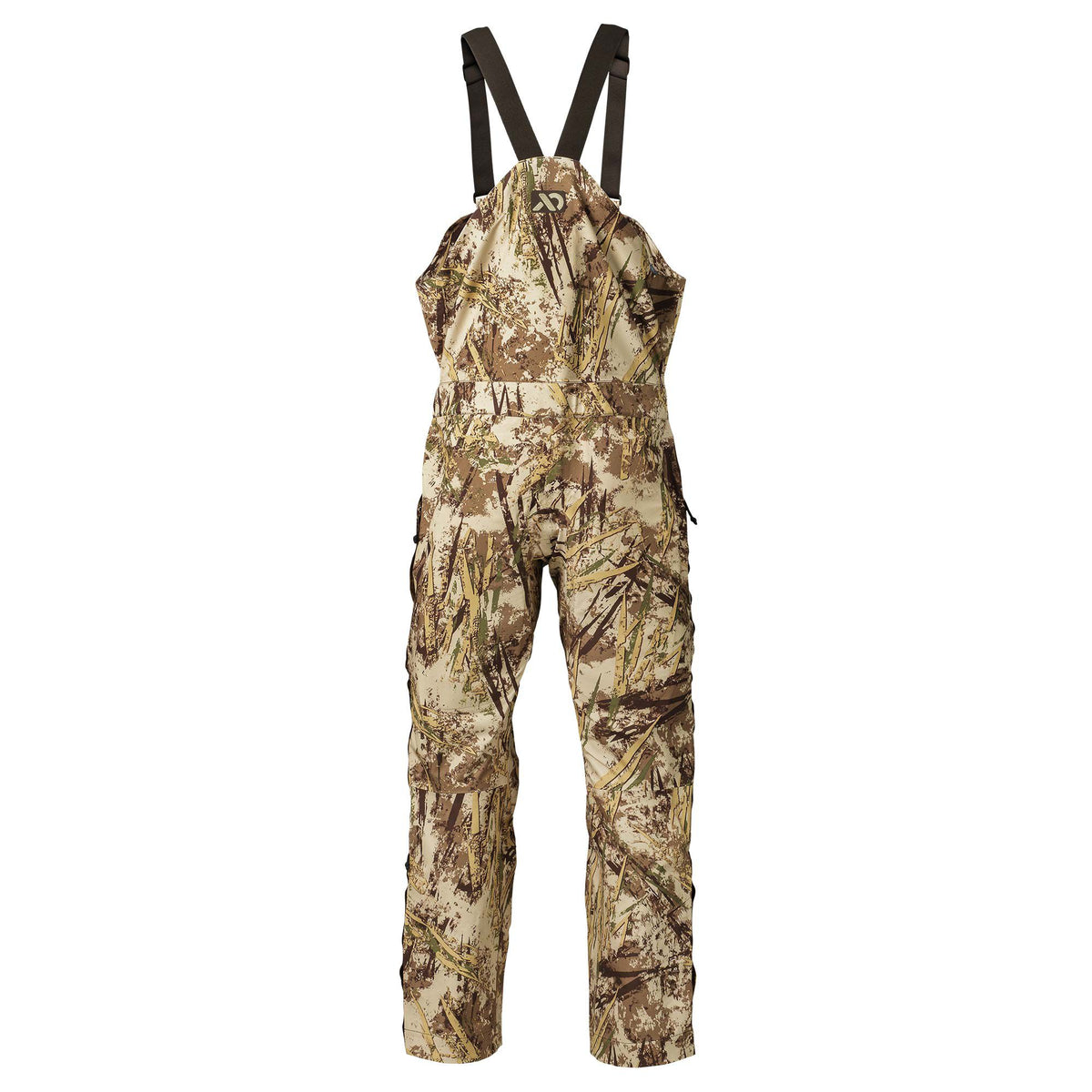 Marsh camouflage hunting bib overalls with dark brown shoulder straps and side pockets.