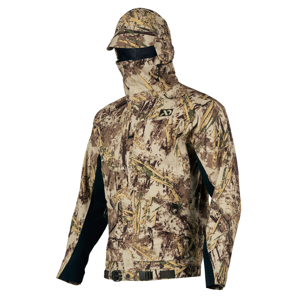 A tan, brown, and green camouflage hunting jacket features a brimmed hood, integrated black face mask, and black side panels.
