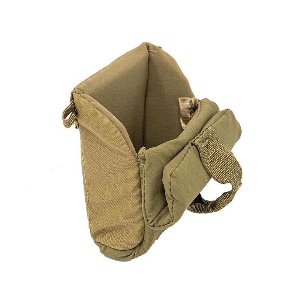 Tan padded fabric pouch with an open top and a side webbing loop.