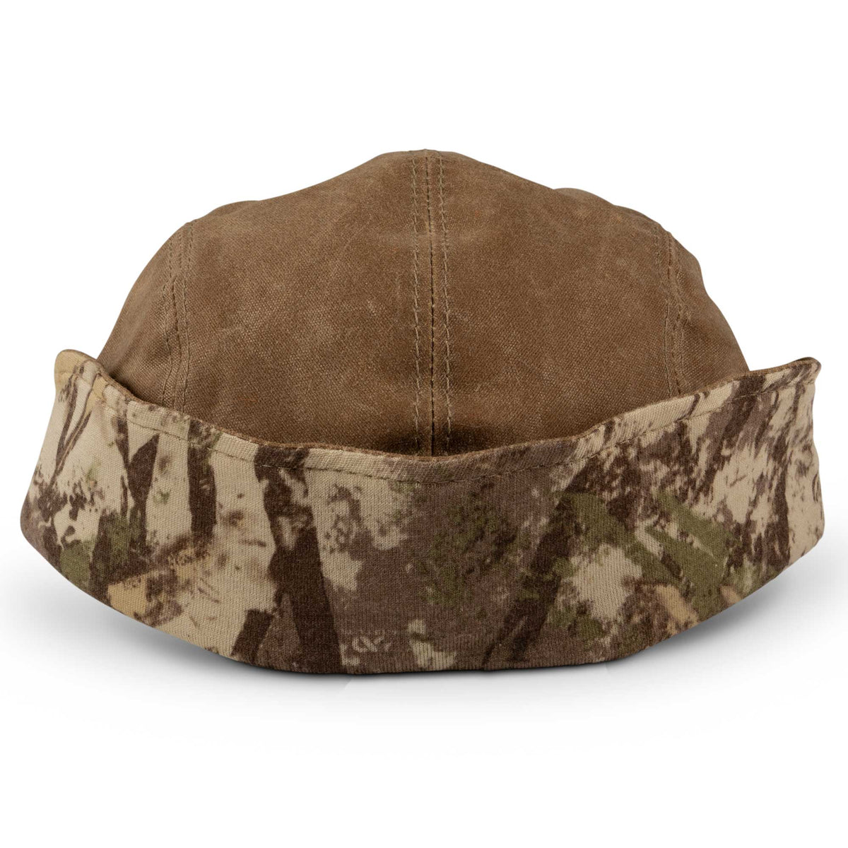 Brown hat with a flexible camouflage brim.