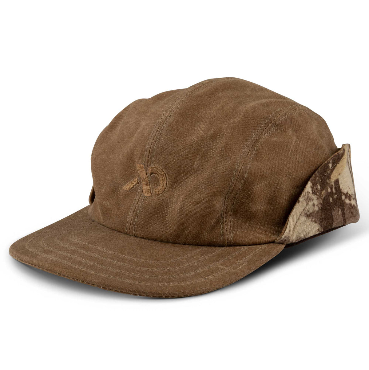 Brown distressed cap with an embroidered logo and camouflage ear flaps.