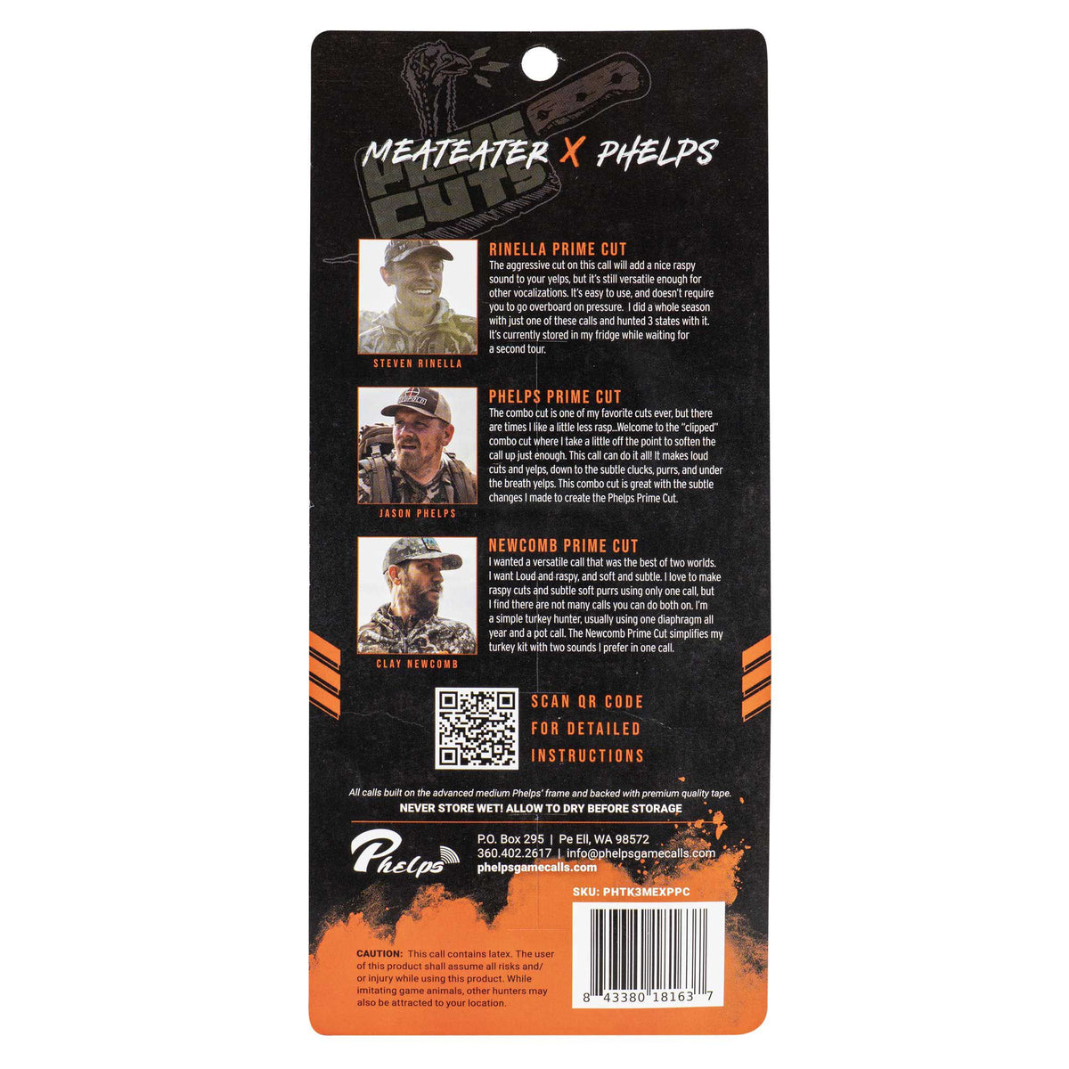 Black and orange Meateater x Phelps turkey call packaging, featuring three hunter portraits, call descriptions, and a barcode.
