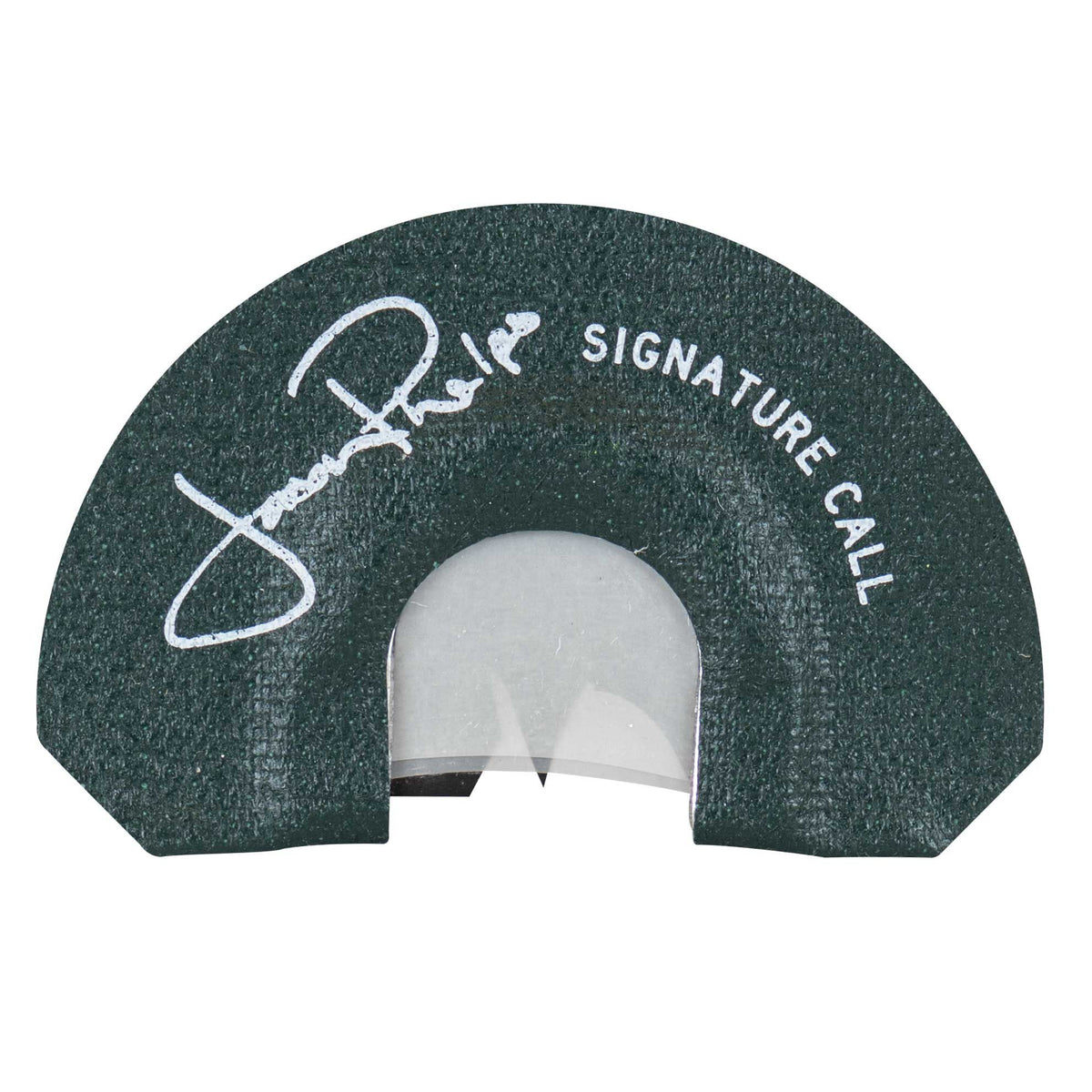 Dark green semi-circular turkey diaphragm call with a clear membrane, white Jason Phelps signature, and "SIGNATURE CALL" text.