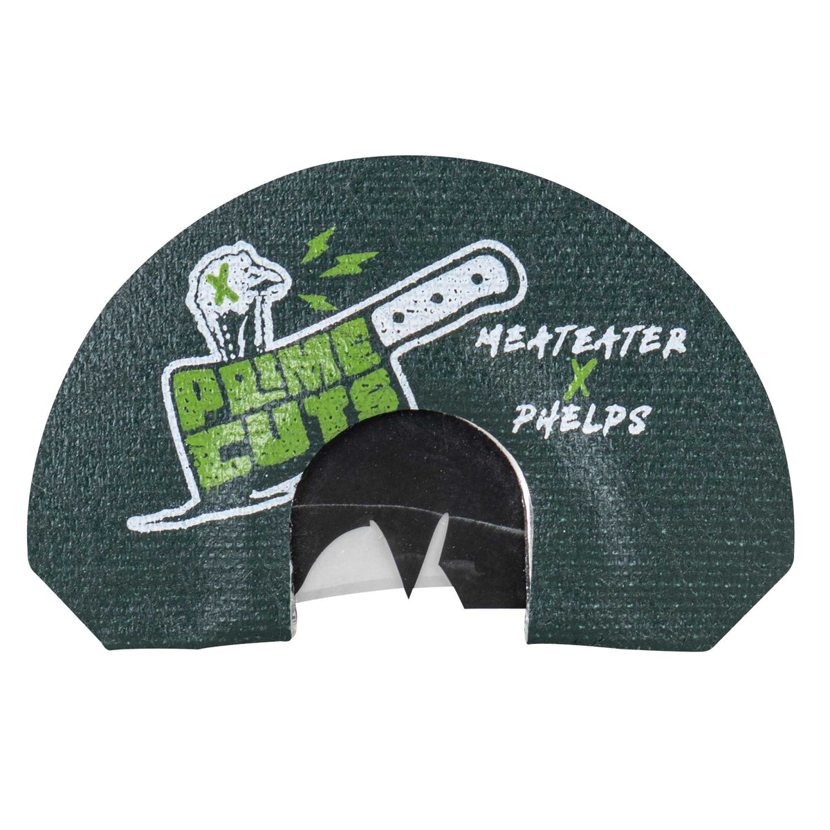 Dark green semicircular diaphragm call with a white and green graphic of a bird and cleaver, text "MEATEATER x PHELPS", and a visible reed.