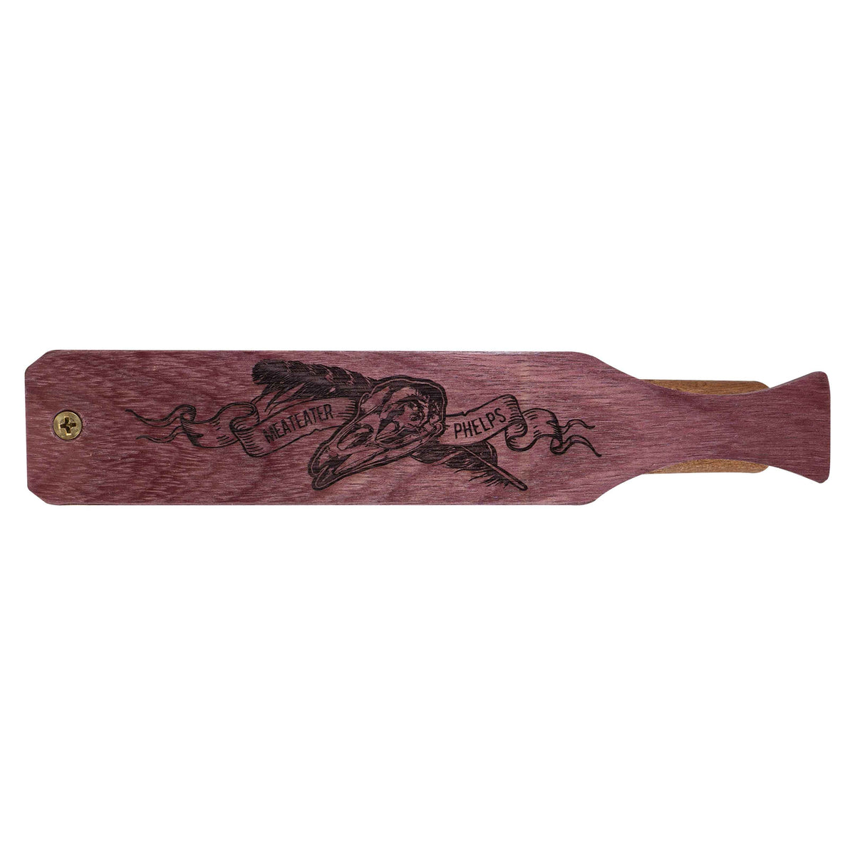 Purpleheart paddle call with engraved 'MEATEATER PHELPS' banner, skull, and feather design.