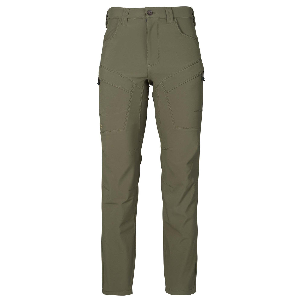 Olive green outdoor pants with button and zipper closure, belt loops, angled front pockets, zippered thigh pockets, and reinforced knees.