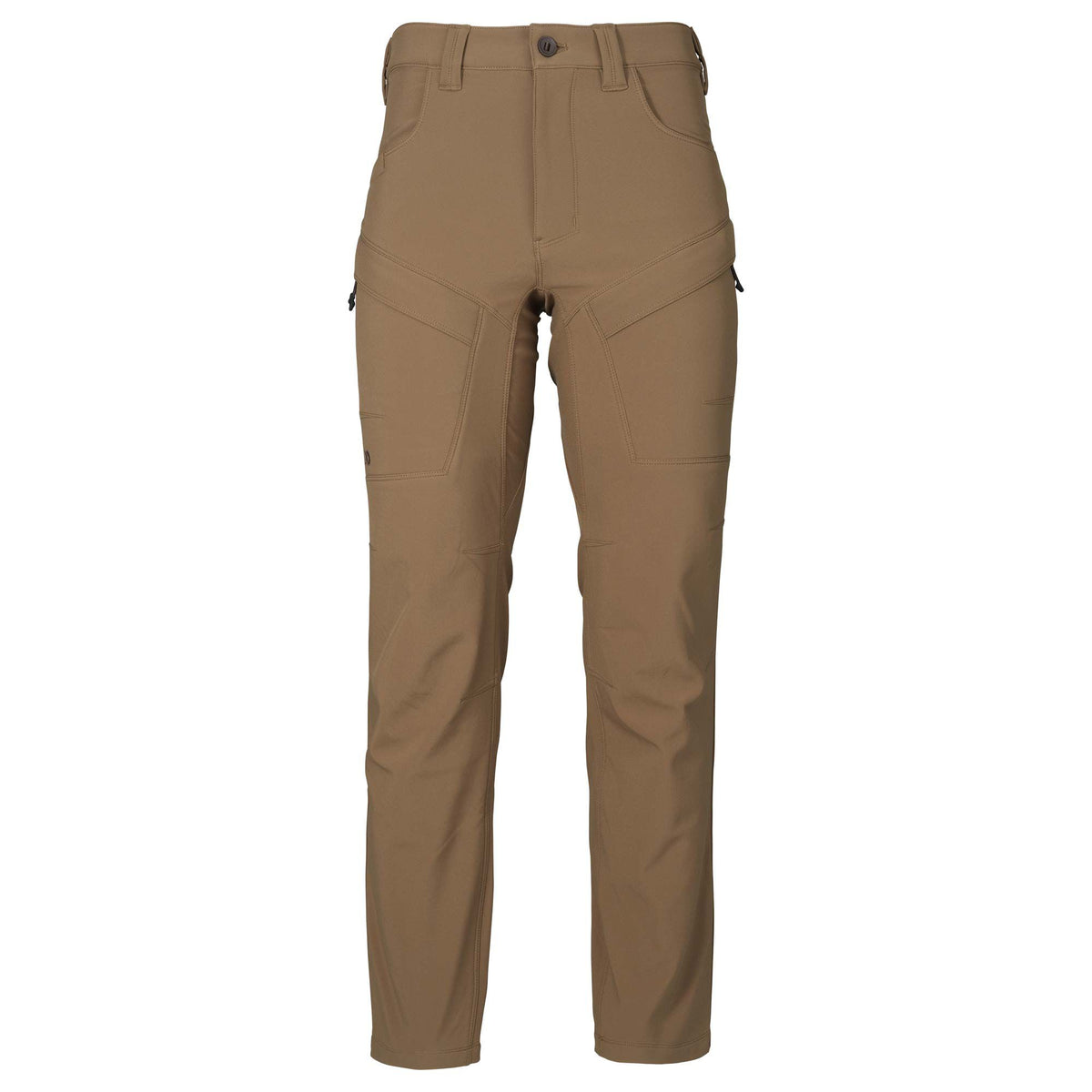 Tan tactical pants with zippered thigh pockets and reinforced knee panels.