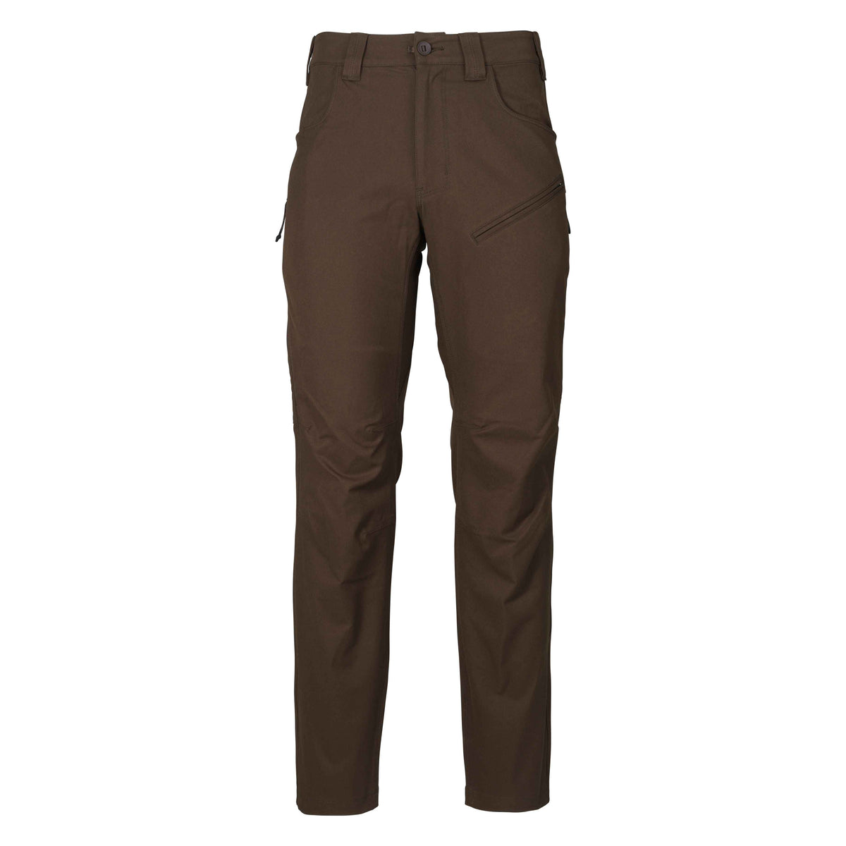 Brown pants with button waist, belt loops, front pockets, and zippered thigh pockets.