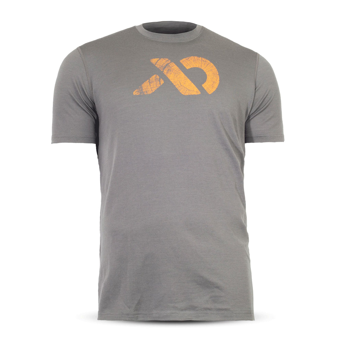 Grey t-shirt with a stylized orange wood grain textured logo on the chest.