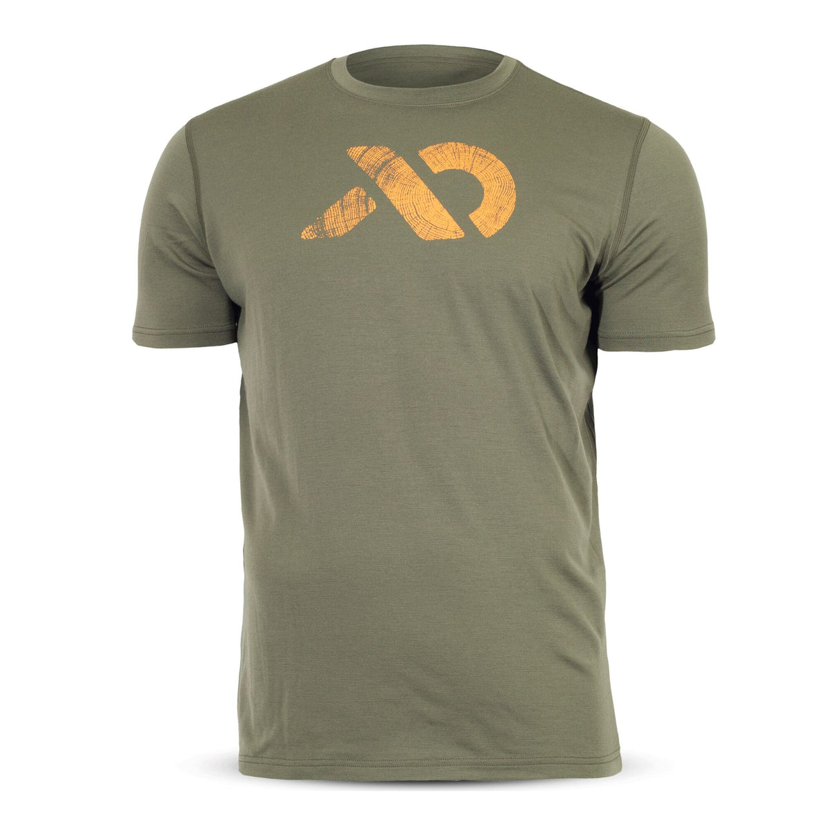 Olive green t-shirt with an orange wood grain textured logo on the chest.