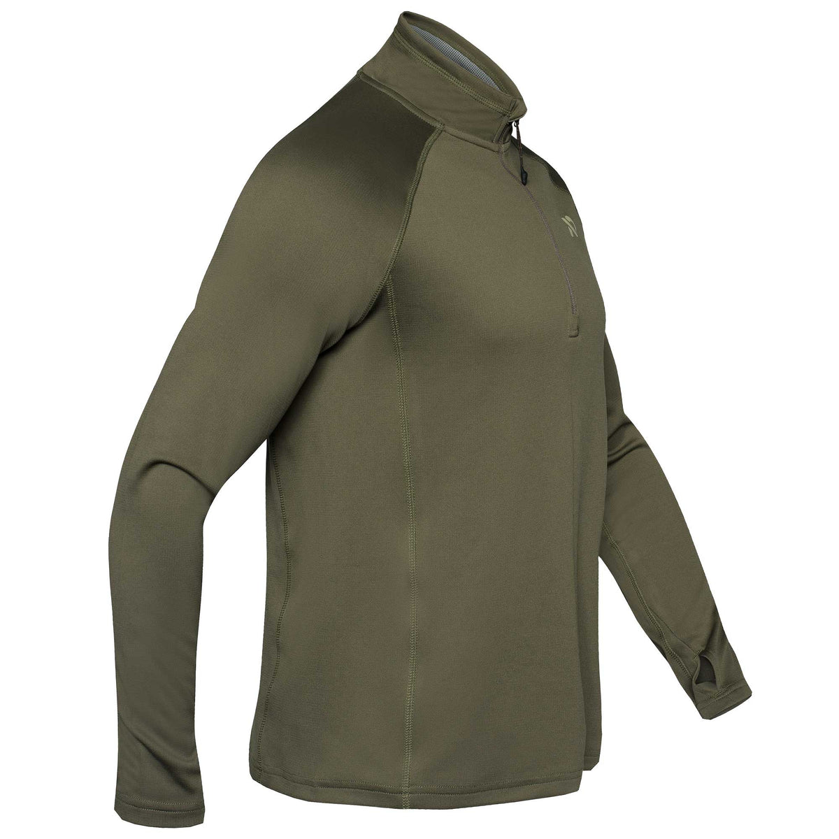 Green quarter-zip with athletic material and thumbholes.