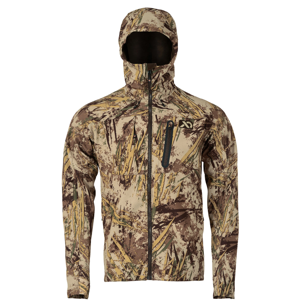 A hooded, full-zip hunting jacket in marsh camouflage with a chest pocket and Skre logo.