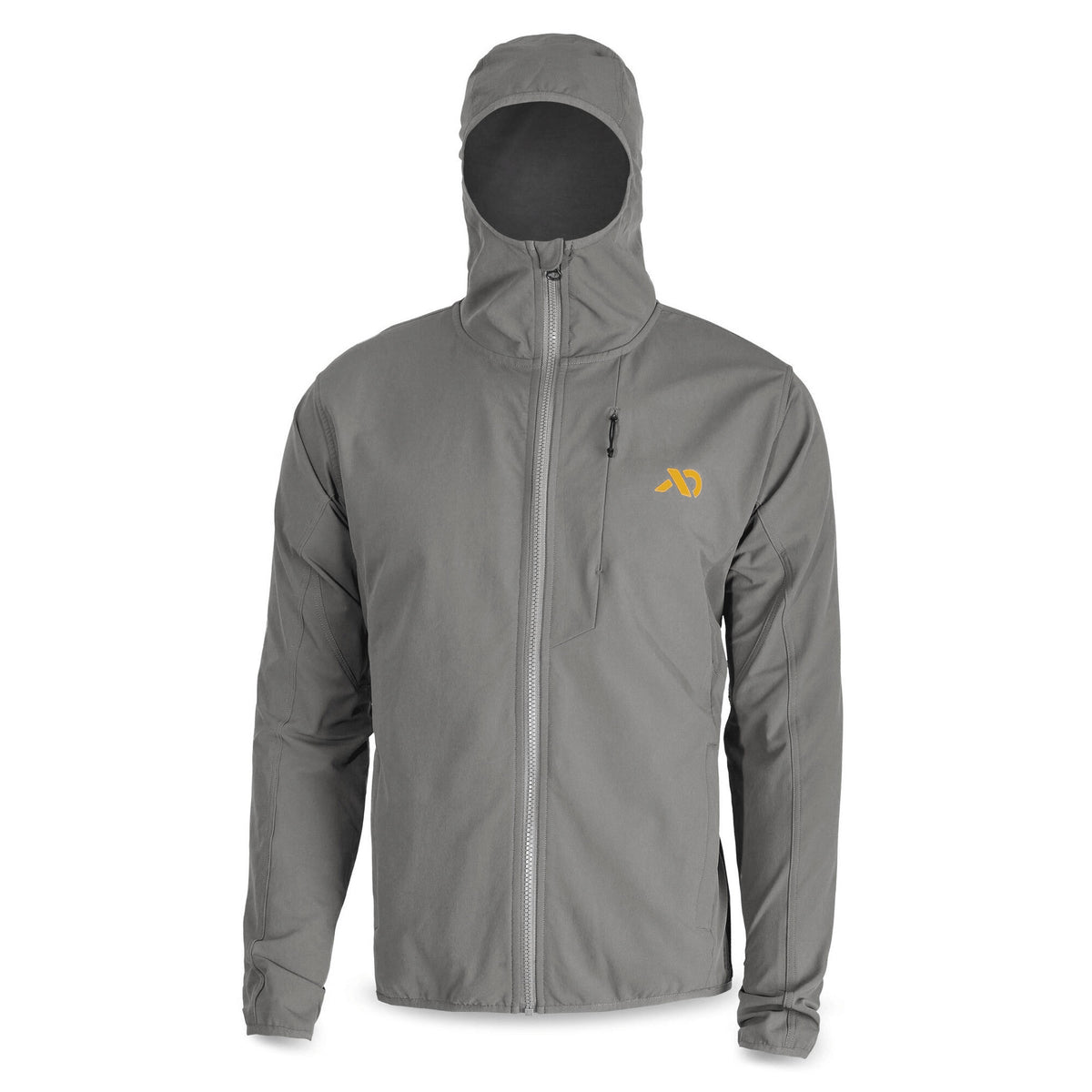 Grey hooded jacket with a full-length zipper, a zippered chest pocket, and an orange logo on the left chest.