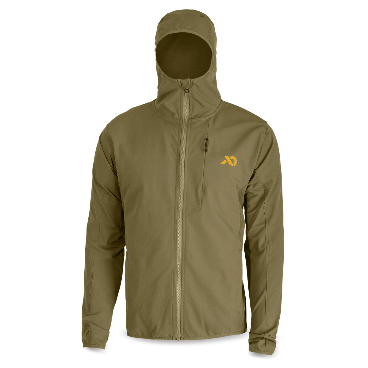 Olive green hooded jacket with full-zip front, zippered chest pocket, and an orange logo on the left chest.
