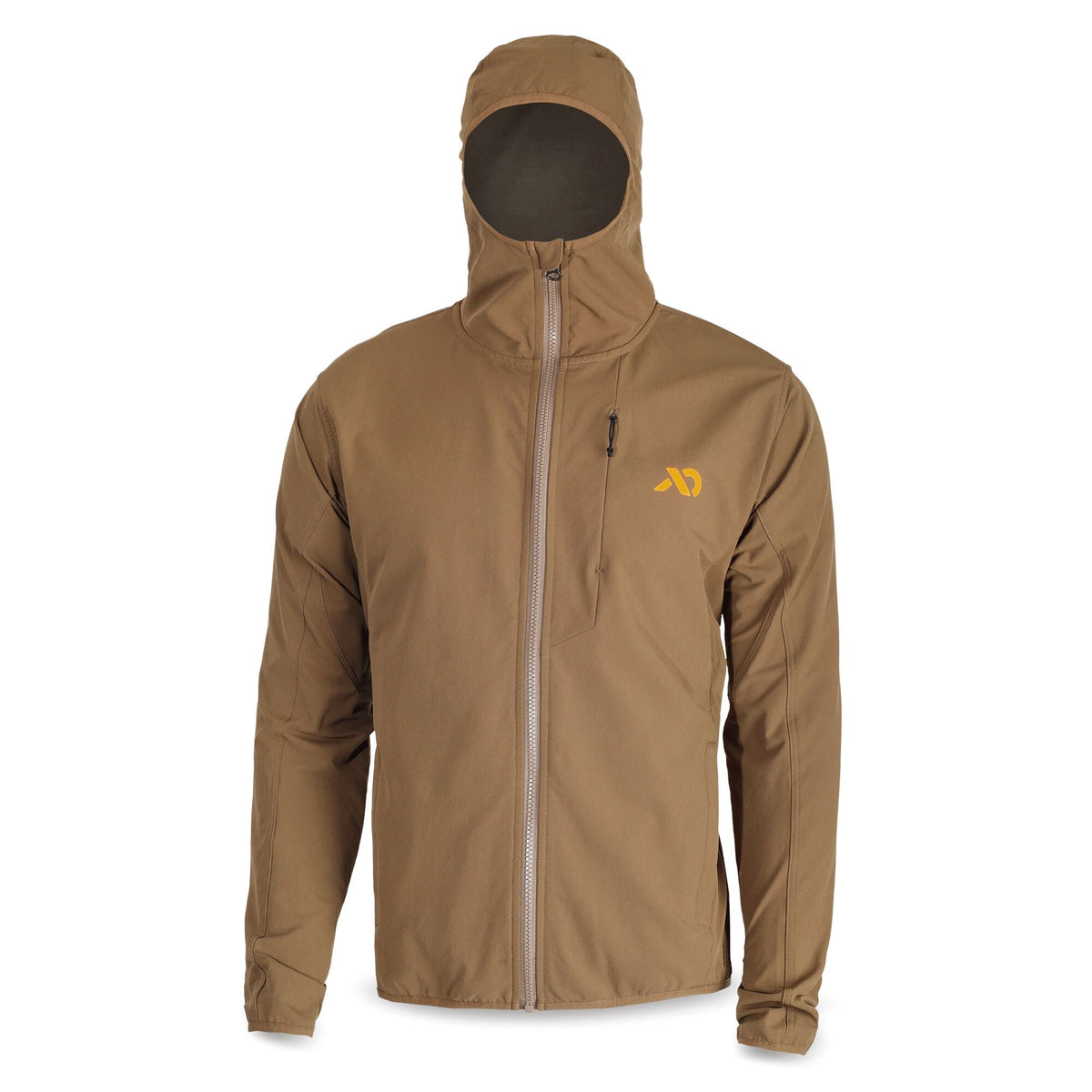 Tan hooded jacket with a full-zip front, a left chest pocket, and a yellow logo on the right chest.